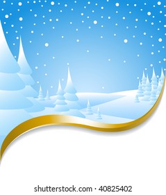 Christmas card with snowy landscape and golden ribbon