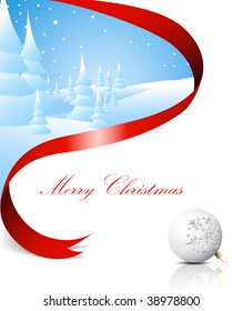 Christmas card with snowy landscape, red ribbon and white bulb