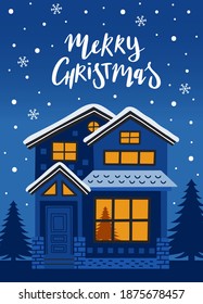 Christmas card. Snowy night, cozy home.