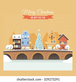 Christmas card with a snowy street on the eve of the New Year. Vector illustration on the background of snowfall. Holiday rush, shopping for gifts. Perfectly for greeting card, invitation or banners.