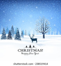 Christmas card with snowy trees and reindeer