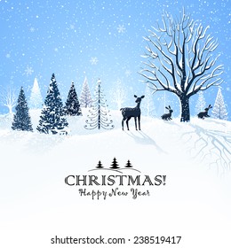 Christmas Card With Snowy Trees And Reindeer