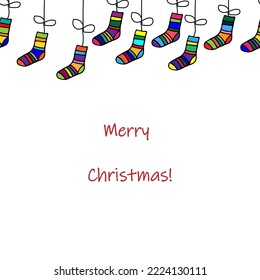 Christmas card with sock, great design for any purposes. Vector design template. Trendy vector style. Text: merry christmas. Cartoon vector illustration. Holiday greeting card.