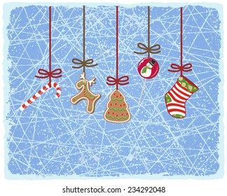 Christmas card with socks and gifts. Vector