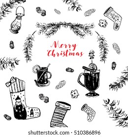 Christmas card with socks, hot wine, cones, branches, cookies.