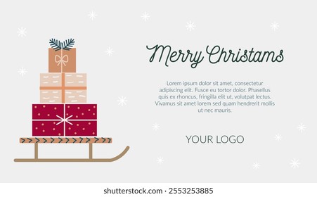 Christmas card with space for logo and text. Presents on sledge.