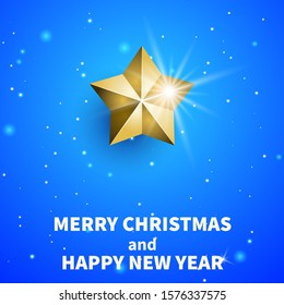 Christmas card with sparkling gold foil star on blue background.