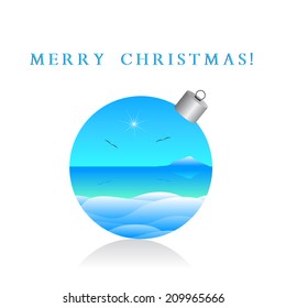 Christmas card, sphere and winter landscape