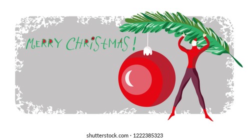 Christmas Card with a Sportsman. Vector Illustration.