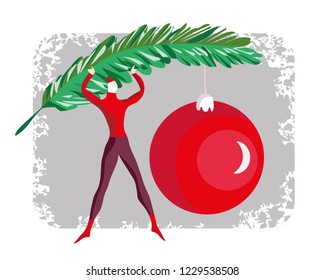 Christmas Card with a Sportsman. Vector Illustration.