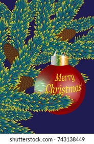 Christmas card, spruce branch with cones and christmas ball, vector, EPS10