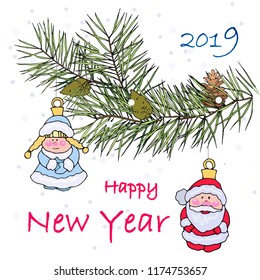 Christmas card with spruce branch, ornaments and inscription on a white background with snow. Can be used for the design of paper and electronic postcards and other works on the Christmas theme