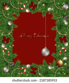 Christmas card with spruce branches, balls and tinsel