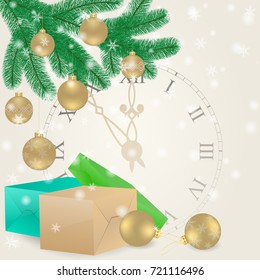Christmas card with spruce branches, balls, gifts and clock. Design for holiday greeting cards, calendars, banners, posters. Happy New Year. Vector element for New Year`s design. Vector illustration.