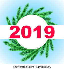 Christmas card with spruce branches and numbers 2019