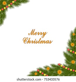 Christmas card with spruce corner and decorations in golden. Vector illustration.