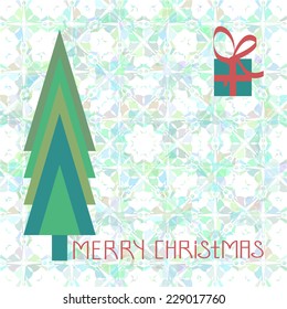 Christmas card. Spruce and gift. Flash. background