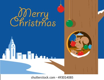 Christmas card, squireels with ornament.