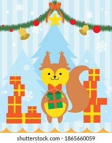 Vector de dibujos animados de ardilla de tarjetas de Navidad. Pila de regalos de navidad en un fondo de árbol. 