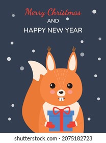 Christmas card with squirrel. Cute squirrel with gift box. Winter vector illustration.