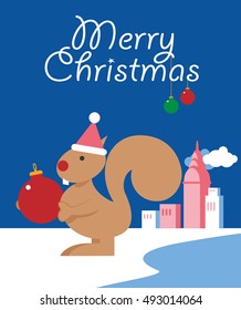 Christmas card, squirrel with ornament.