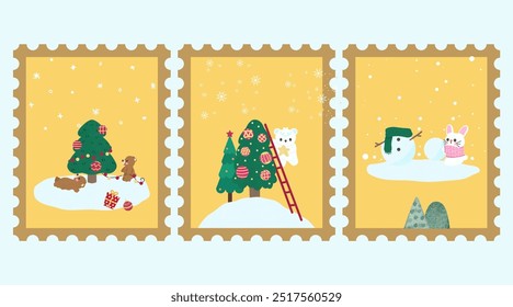 Christmas card in a stamp style with a yellow background and cute animals illustrations. Winter holidays, Christmas celebration, tradition, greeting card.