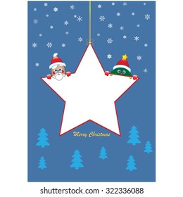 Christmas card with star Santa Claus and christmas tree