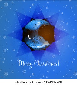 Christmas card with stars and crescent moon on blue background.