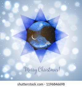 Christmas card with stars and crescent moon on blue glowing background.