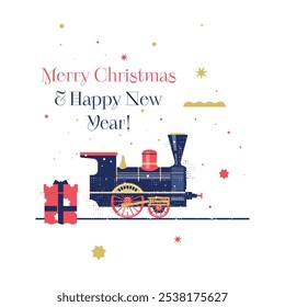 Christmas card with steam train, confetti and gift box