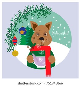 Christmas card, sticker with cute dog - symbol of the 2018 year.