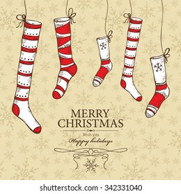 Christmas card with Christmas stocking. hand drawn 