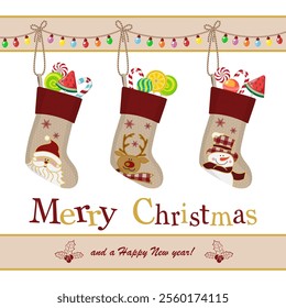 Christmas card with stockings, candies and lights. Lettering Merry Christmas and a Happy New year. Clipping masks applied.