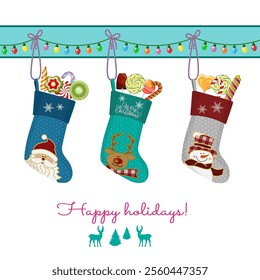 Christmas card with stockings, candies and lights. Lettering Happy Holidays. Clipping masks applied.