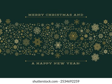 Christmas card with strip of gold and silver snowflakes with Merry Christmas and Happy New Year holiday greetings.