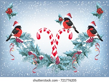 Christmas card with striped candy cane, with bullfinches in Santa hat and christmas garland with holly berries in retro style