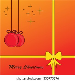 Christmas card with stroke, red-orange background and yellow bow