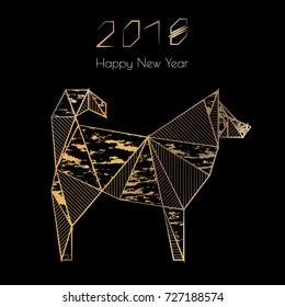 Christmas card in the style of minimalism. Year of the dog. Stylized geometric model of a polygonal dog.Illustration with gold lines. Origami. Low poly-illustration