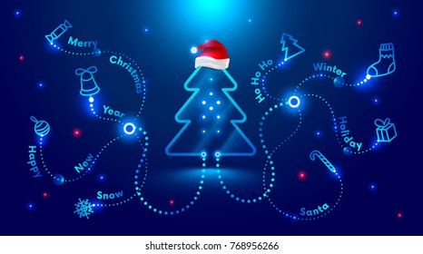 Christmas card in the style of new technologies, engineering, electronics. Christmas tree in red Santa Claus hat and surrounded by Christmas and new year symbols. Christmas sales and marketing