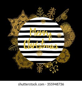Christmas card with Stylish gold Christmas elements with different tree, stripe, snowflake. vector.