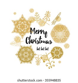 Christmas card with Stylish gold Christmas elements with different tree, snowflake. vector.