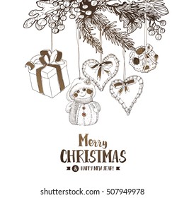 Christmas card with Stylish sketch. Xmas elements as fir tree, snowman, hearts and cookies. Vector hand drawing illustration.