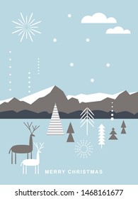Christmas card . Stylized Christmas deers, mountains, snowflakes, Christmas trees, simple minimalistic scandinavian style
