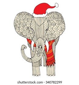 Christmas card. Stylized fantasy patterned elephant. Hand drawn vector illustration with floral elements. Original hand drawn elephant in Christmas mood