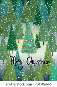 Christmas card with stylized forest, flat vector, EPS10