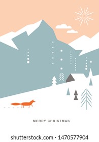 Christmas card . Stylized Christmas fox, mountains, snowflakes, Christmas trees, landscape, simple minimalistic scandinavian style