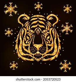 Christmas card with a stylized tiger and snowflakes. Abstract shiny tiger. New Year card tiger with glitter texture, gold glitter.