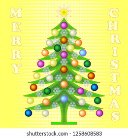 Christmas card with a stylized Christmas tree decorated with balls and snowflakes and the inscription Merry Christmas