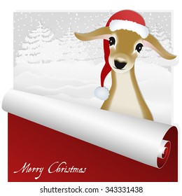 Christmas card with sweet deer in the flat snowy forest background. The Kurvet dissolves into a roll. Is ideal for everything from invitation cards to the background suited for print and web products.