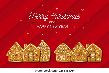 Christmas card with sweet gingerbread houses on a red background. Homemade cokies. Vector illustration